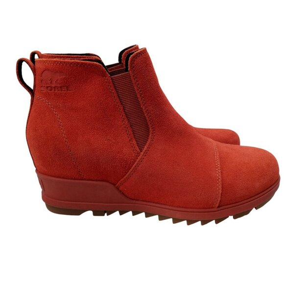Sorel Evie Pull On Suede Wedge Boots Booties Size 8.5 Warp Red Ankle Chelsea - Picture 14 of 14